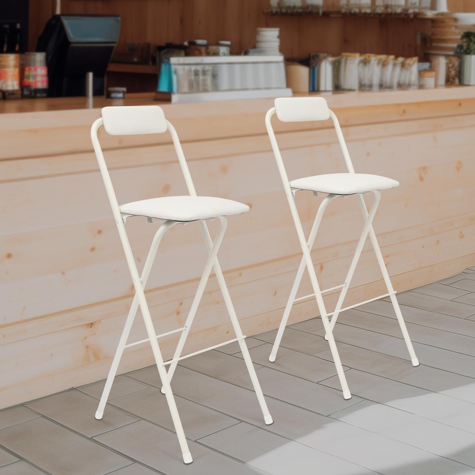 Tabouret de bar pliable rembourré blanc lot de 2 avec dossier cadre métal