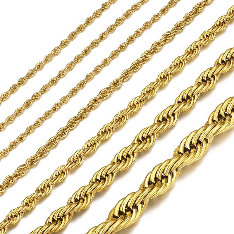 ChainsHouse Rope Chain for Men Women, Stainless Steel Twisted Chain Necklace 1.5mm/2mm/3mm/3.8mm/6mm Width, Black/14K Gold Mens Rope Chains Jewelry 16"-30", Send Gift Box