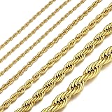 ChainsHouse Cadena de cuerda para hombres y mujeres, collar de cadena trenzada de acero inoxidable de 1.5 mm/2 mm/3 mm/3.8 mm/6 mm de ancho, color negro/oro de 14 quilates para hombre, cadena de