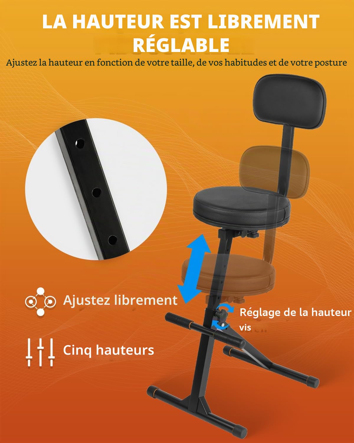 STRICH SGT-30 Tabouret de guitare avec dossier et coussin d'assise réglable en hauteur avec crochet pour guitares acoustiques, électriques et basses, trône de batterie pour adultes, batteurs et
