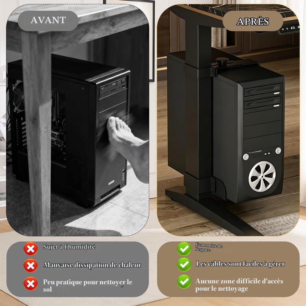 Support PC sous bureau sans perçage, pour bureau réglable en hauteur (pied de table 65 x 45 mm), capacité de charge de 18 kg, réglable en hauteur/largeur, support PC pour tour (noir)