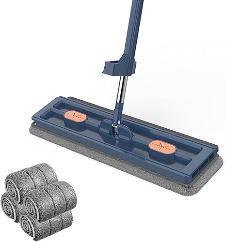 Goodergear - Trapeador de mano Goodergear, trapeador plano grande y sistema de cubo, color azul, 4 trapeadores