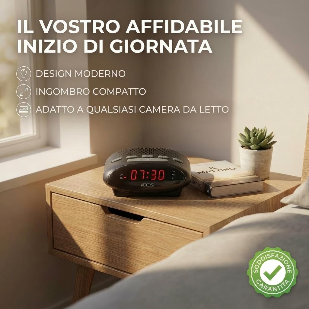Ices ICR-210 Nero Radiosveglia FM PLL Design Moderno