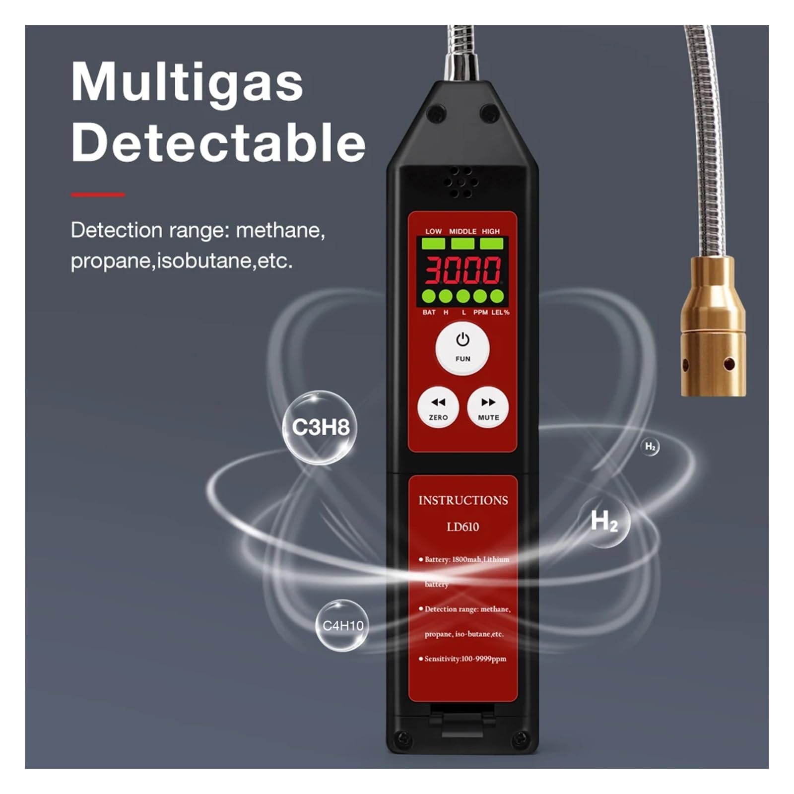 Détecteur de gaz, Détecteur de Fuite gaz Combustible Portable 100-9999 ppm, analyseur méthane Propane isobutane, Rechargeable par USB