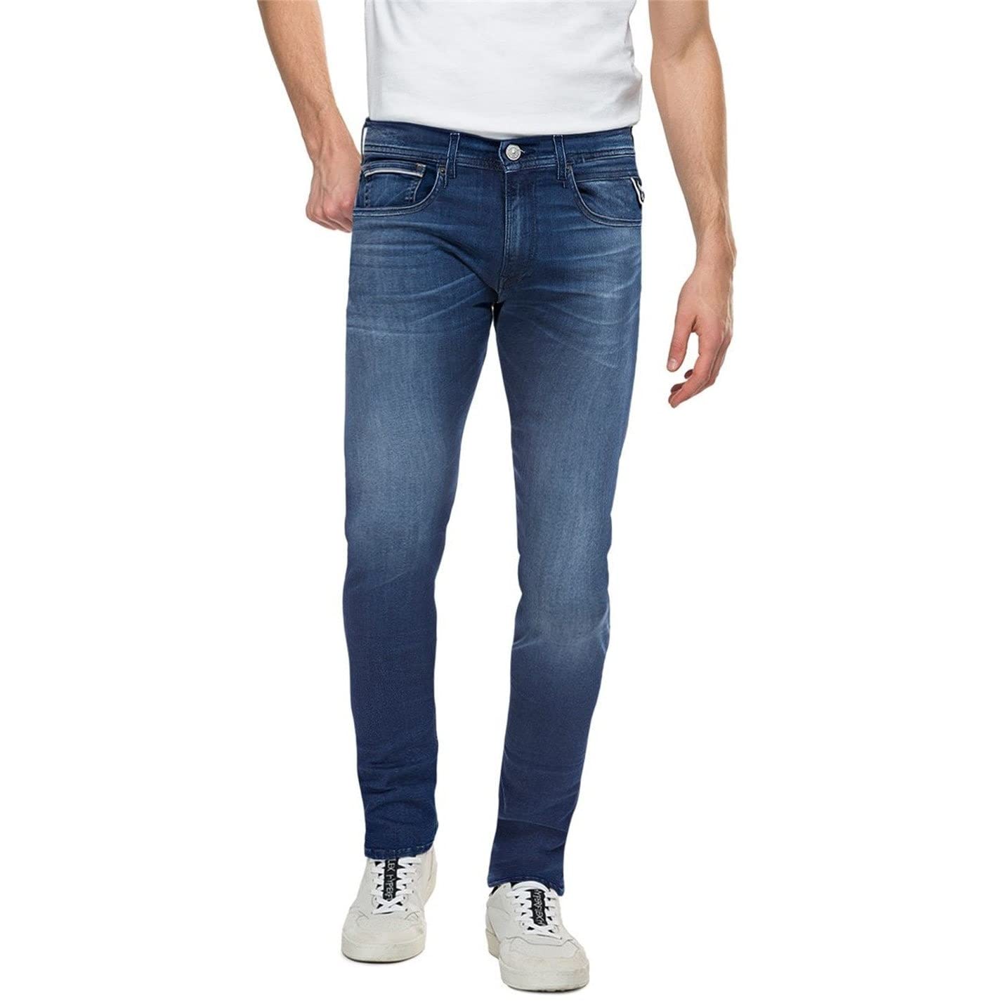Replay men's Grover straight-fit jeans with stretch, blue (Medium Blue 009), 38W / 34L