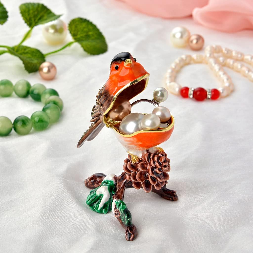 Golden Crystal Enameled Robin Jewelry Box, Hand-Painted Hinged European Robin Trinket Box, Elegant Home Décor & Unique Gift for Bird Lovers