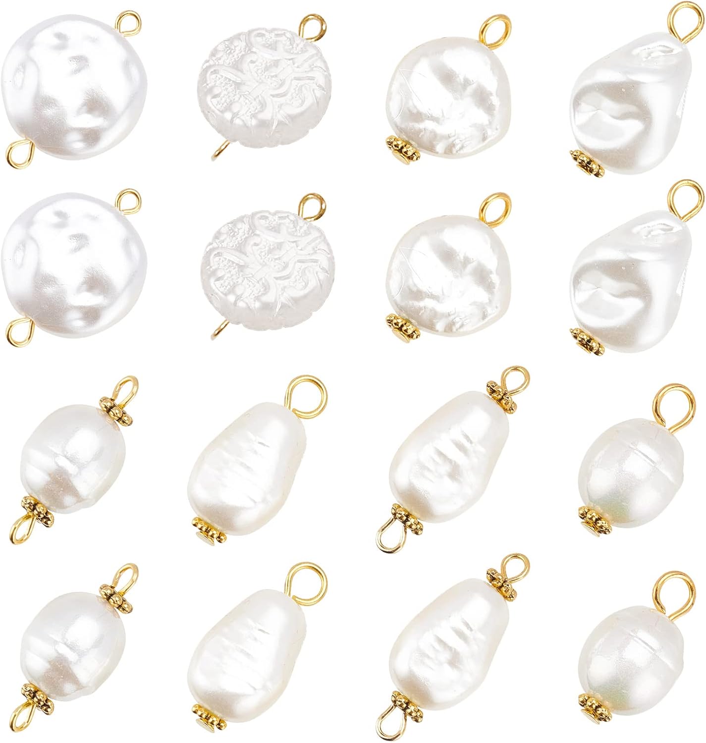 PandaHall 80pcs Irregular Pearl Pendant Connectors - 8 Styles White Acrylic Bead Links with Golden Pins for DIY Jewelry Earrings Bracelets