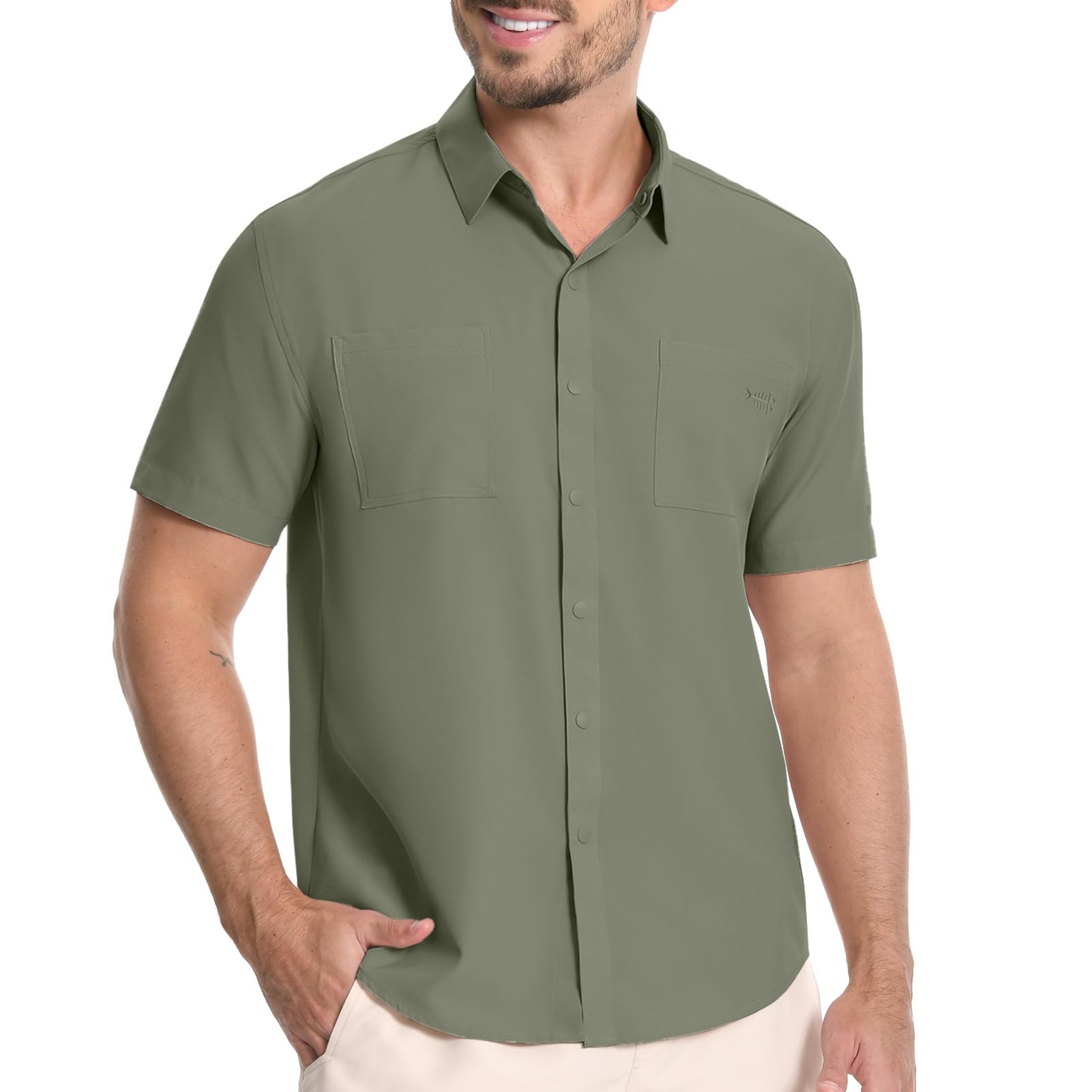 BASSDASH Camisa de manga corta UPF 50+ con botones a presión para hombre, ajuste regular, tejida, dos bolsillos, camisas de vestir casuales