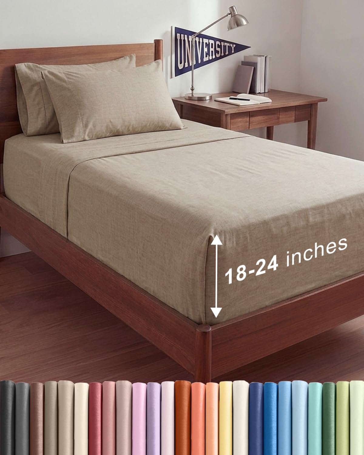 CGK Extra Deep Twin XL Sheet Set - 4pc College Dorm Room - Heathered Beige