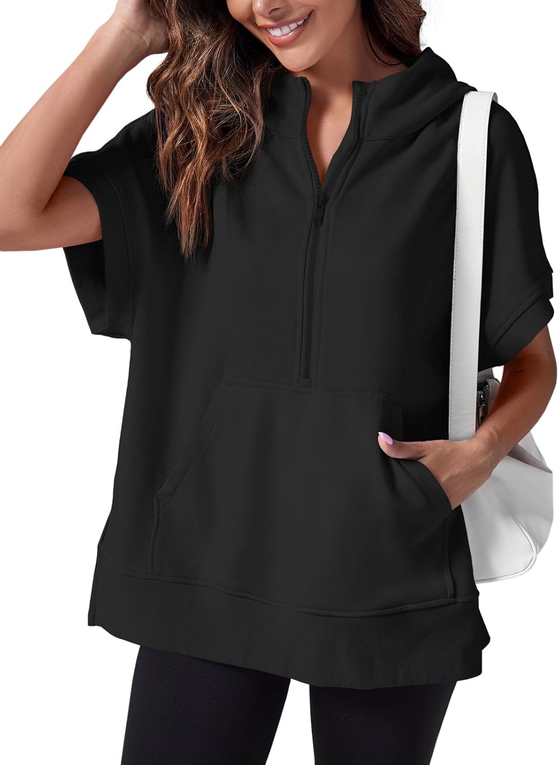 Fisoew Womens Oversized Half Zip Hoodies Short Sleeve Casual Sweatshirts Pullover Tops with Pockets