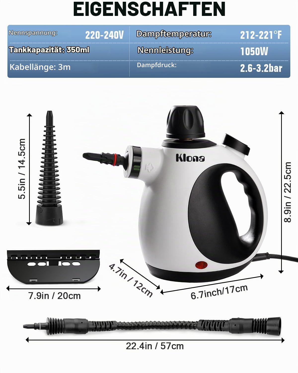 KLONA Dampfreiniger Handgerät, Steam Cleaner mit 10 Zubehör | für Teppiche, Fliesen, Sofas, Bad, Küche | Schmutz Bakterien Fett | 3 Min Schnellheizung | Dampfdruck: 3.2 bar | chemiefrei