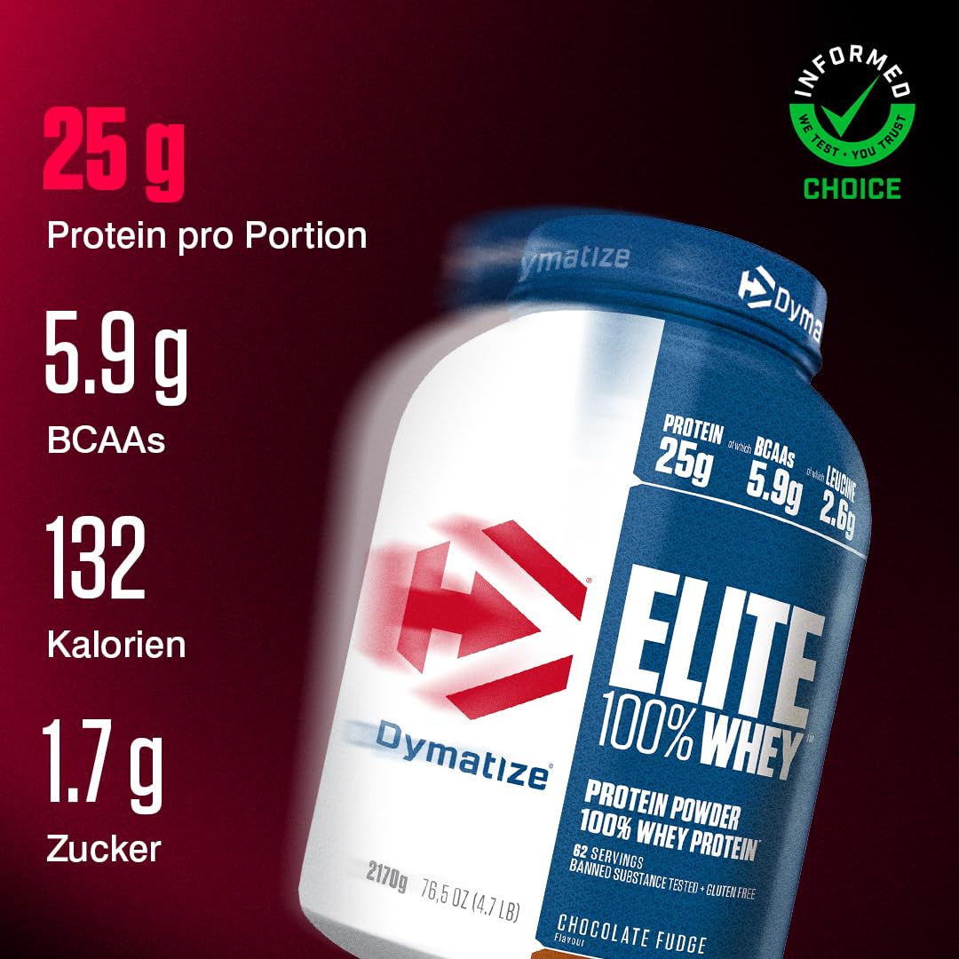 Dymatize Elite 100% Whey Chocolate Fudge 2170g - High Protein Low Sugar Pulver + Whey Protein und BCAAs