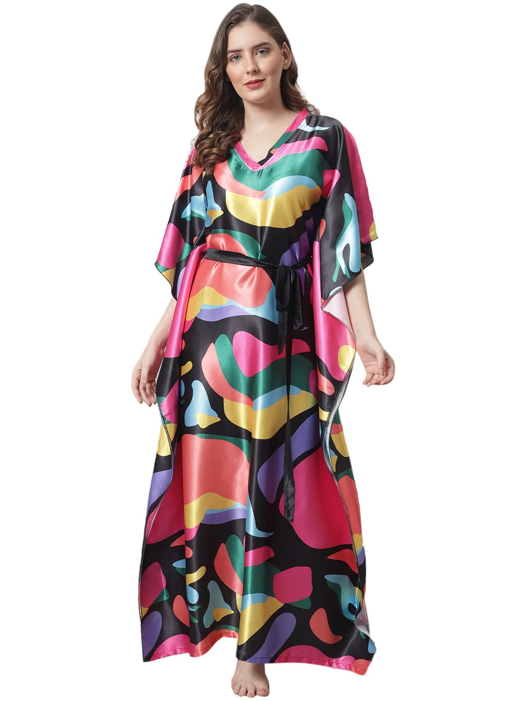 Multi Digital Print Silk Satin Women ​Kaftan Nightdress/Kaftan Nighty for Women-image-44
