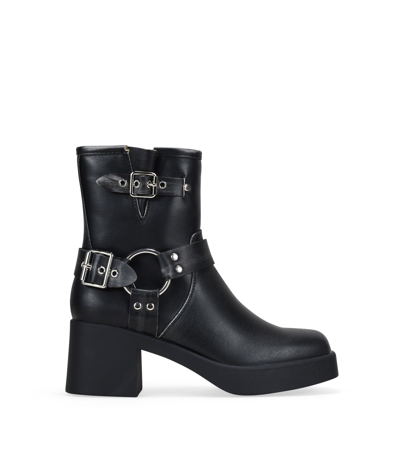 BOSANOVA Damen-Stiefel mit niedrigem Absatz, dekorative Metallschnallen, breiter Schaft, quadratischer Schaft, Plateau-Sohle, 5,5 cm breiter Absatz, ohne Verschluss