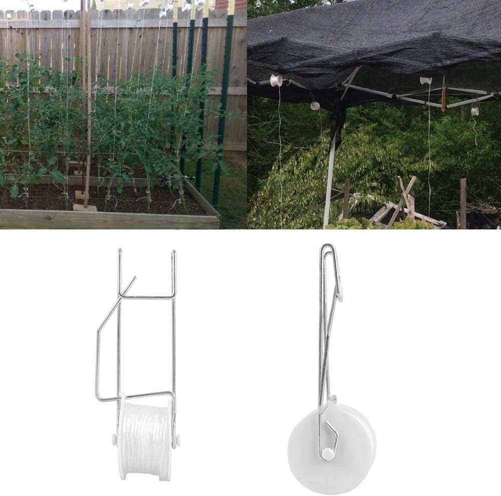 20 Pcs Tomato Trellis Roller Hooks with 15M Twine, Tomato Support Hooks, Flexible Fruit Cherry Twine, Flower Vine Twine Crop Trellis Kit, Plant Roller Hook for Plant Greenhouse, White (20)