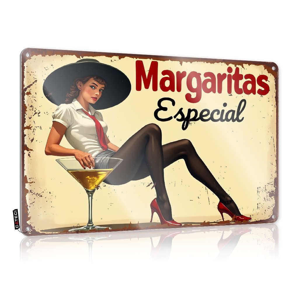 Funny Wall Signs Tinsign Ready To Hang - Woman In Hat Holding Margarita Glass. Best For Kitchen Bar(30X40CM)