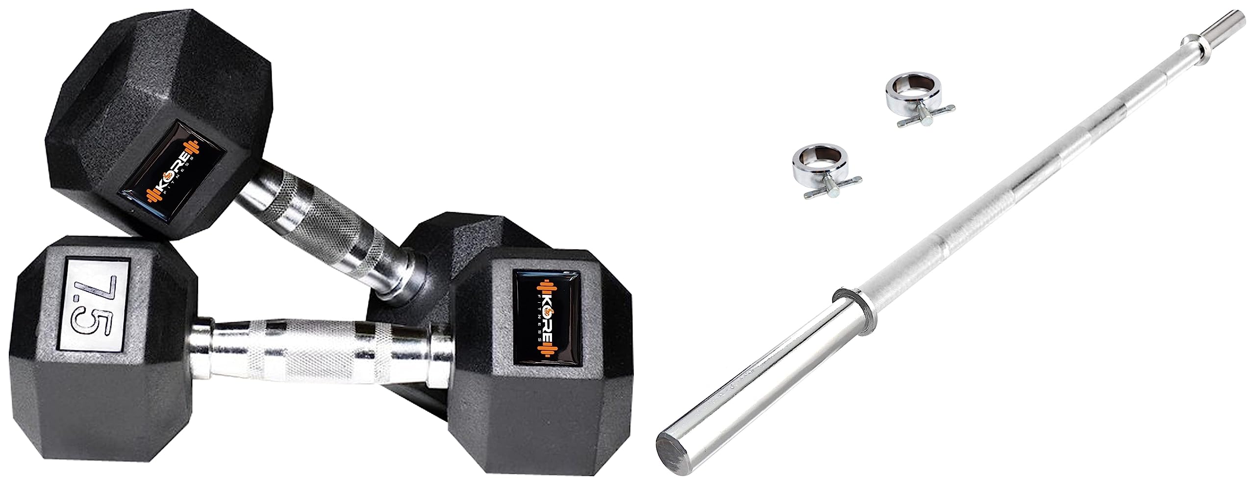 KORE DM-HEXA-7.5KG-COMBO16 Dumbbells Kits & Kore 5 Feet Plain Bar with Two Locks for Weightlifting, Powerlifting and Crossfit