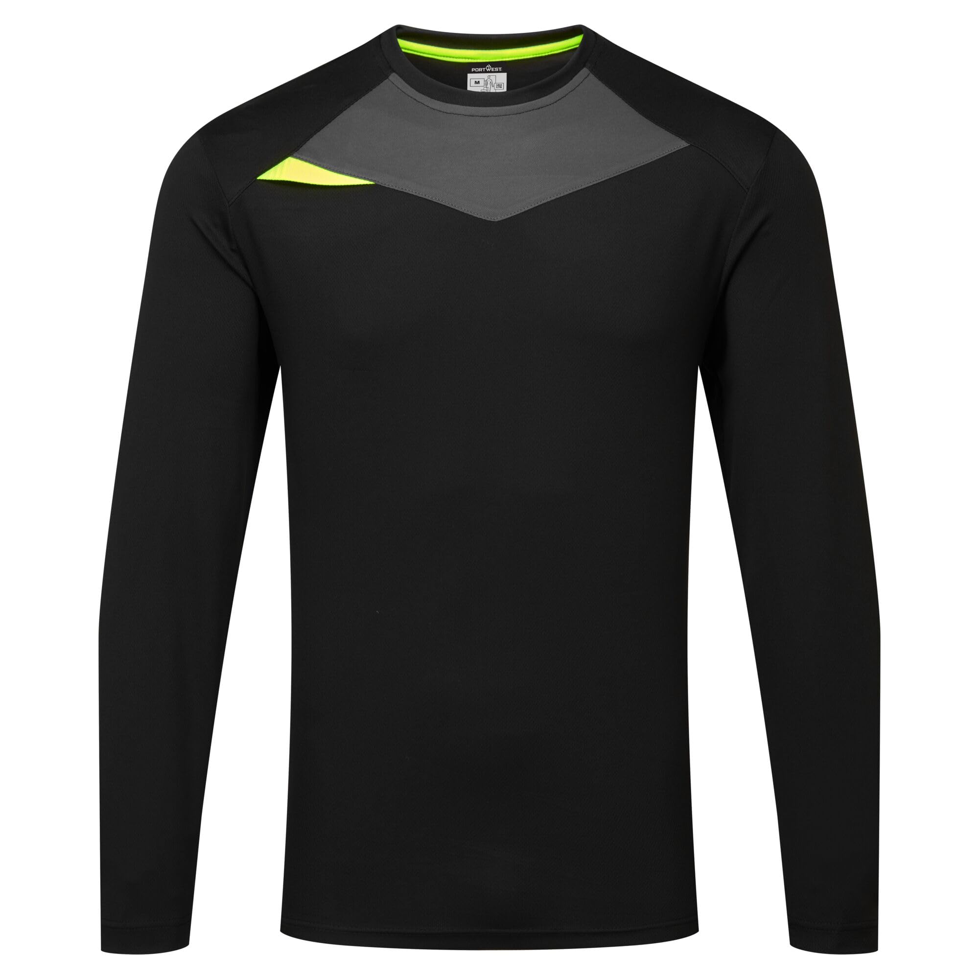 Portwest DX415 DX4 Long Sleeve Work T Shirt with Moisture Wicking Silver Ion Treated Polyester Fabric, Slim Fit Active Design, UPF 40 Sun Protection and Chest Panel for Corporate Branding, Black, S