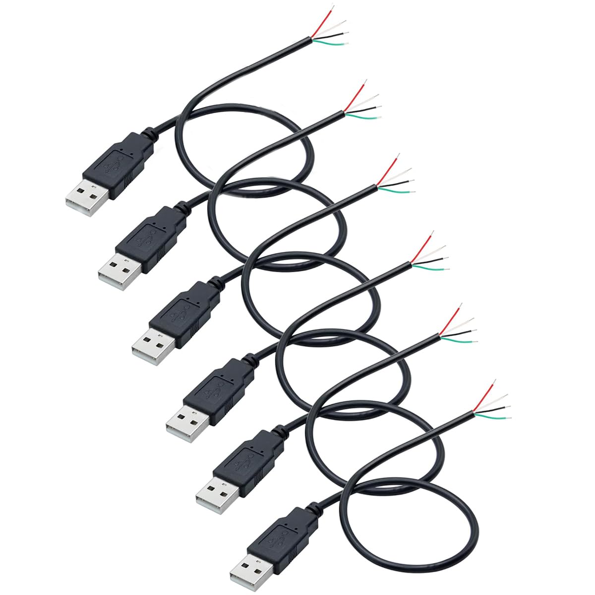 Greluma 6 Stück 0,3 m USB-Stecker Schweineschwanz mit 4 Drähten, 22 AWG, offenes Ende mit blankem Draht, 0,3 m USB-Stecker, 12 V Stromkabel