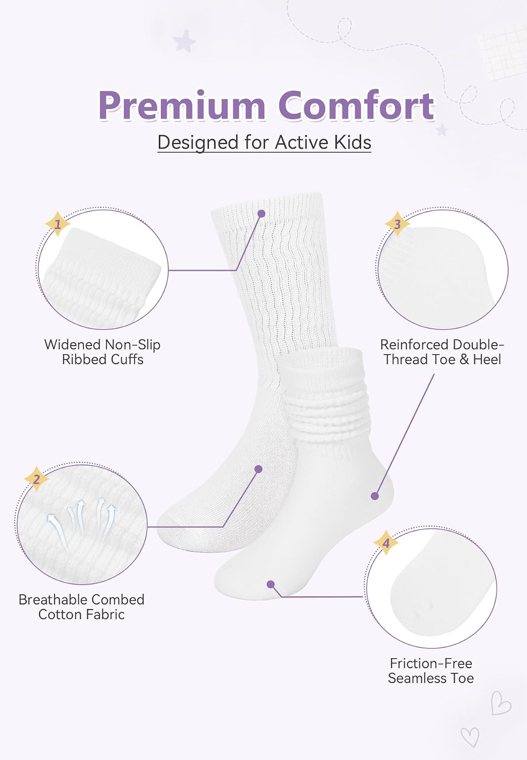 Zando 2 Pairs Slouch Socks for Girls, Scrunch Knee High School Uniform Sock