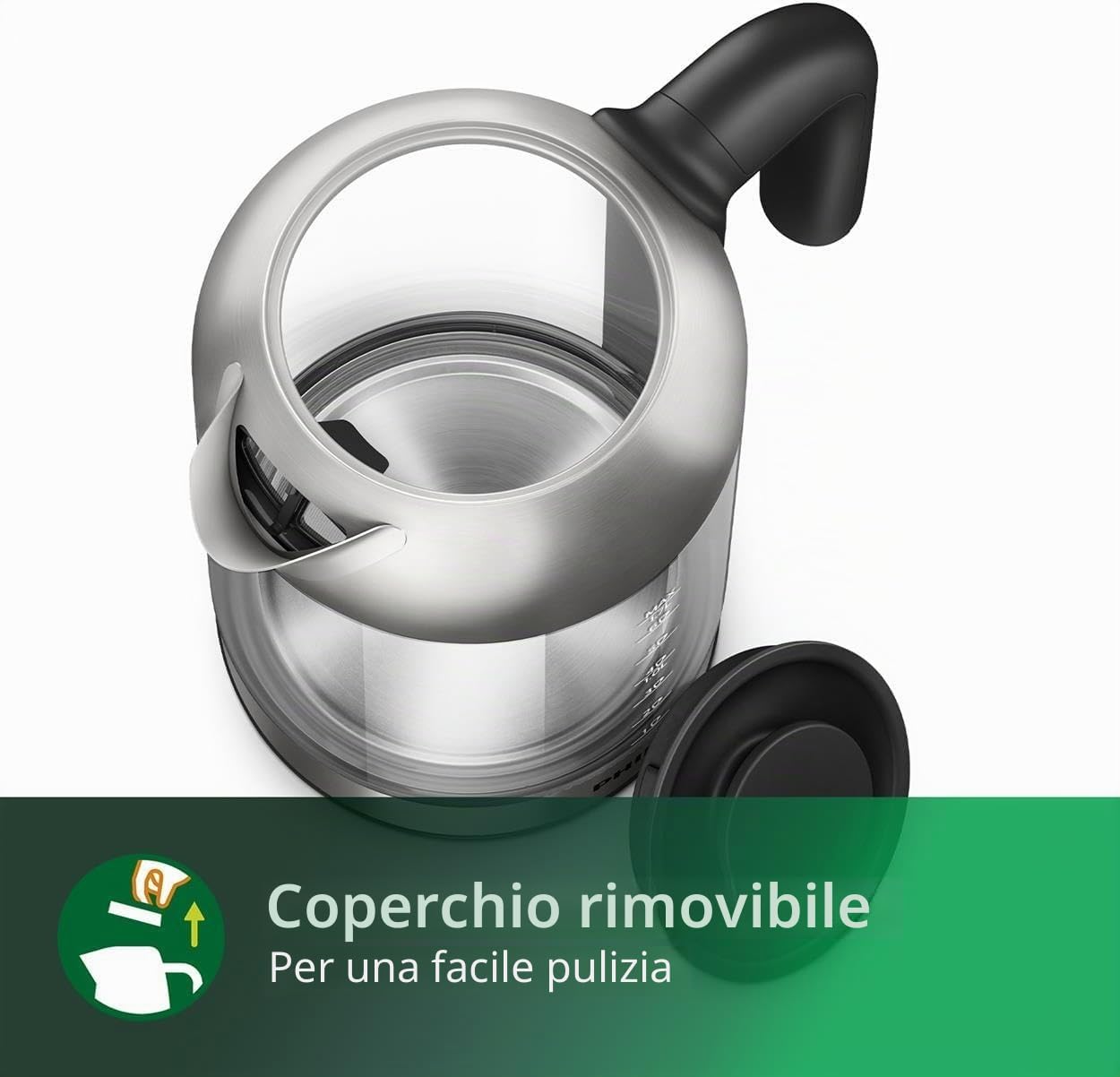 Philips Bollitore Elettrico 5000, 1,7 L, Ebollizione rapida, in Vetro | Bollitore acqua elettrico con base girevole 360°, Protezione anti-secco, filtro micro-trama, acqua sempre pulita (HD9339/80)