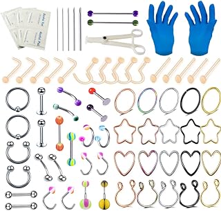 75PCS Piercing Kit Stainless Steel Acrylic Body Piercing Kit 14G 16G Piercing Jewelry Nose Septum Lip Tongue Eyebrow Tragus Cartilage Belly Button Piercing Needles Clamp Kit Tool