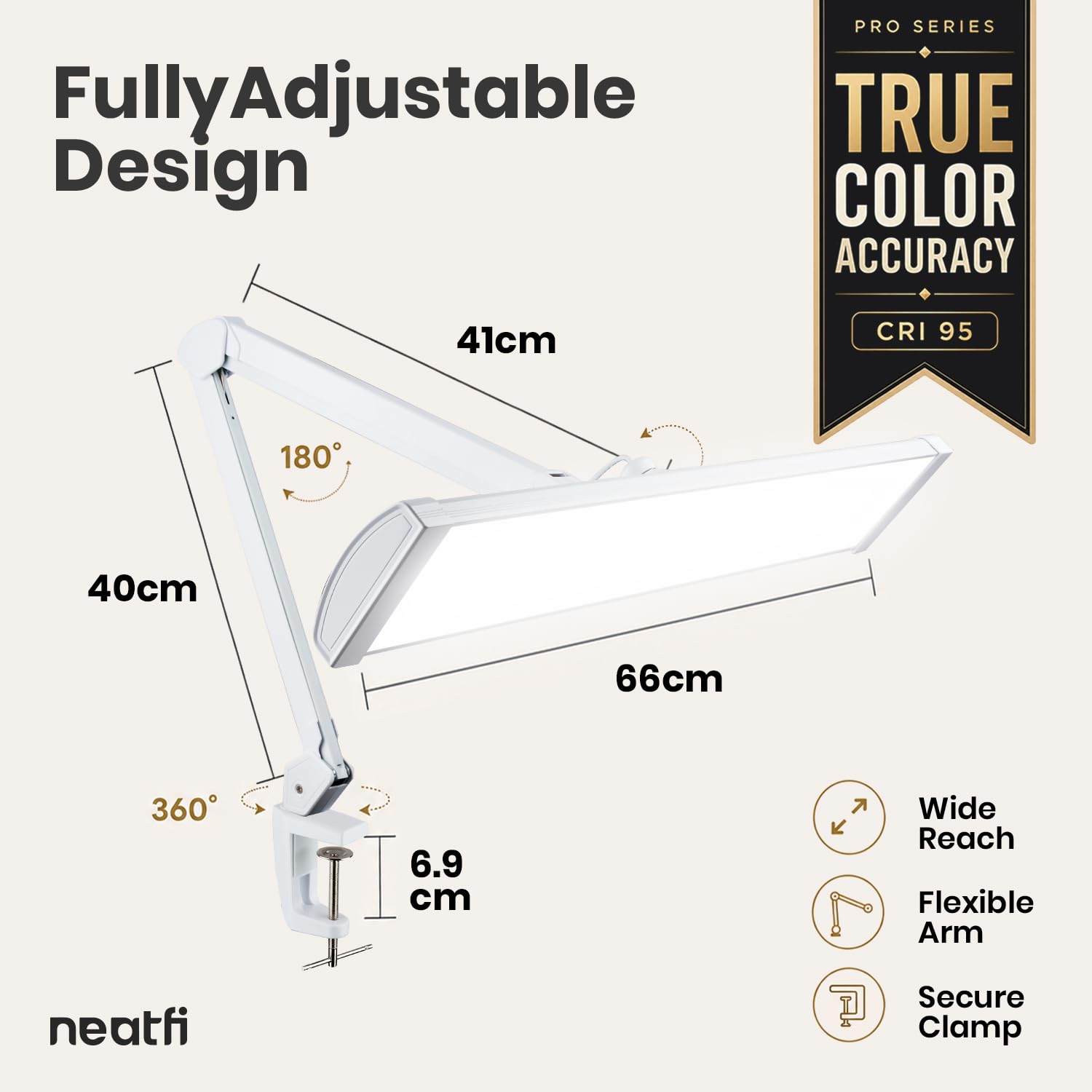 Neatfi Pro Series – Lampada da Lavoro LED Ultra da 3.500 Lumen, 45W Dimmerabile | Paralume Metallico Largo 66 cm | 5 Livelli di Luminosità e 3 Modalità di Luce (Bianco, Con CCT con Morsetto)