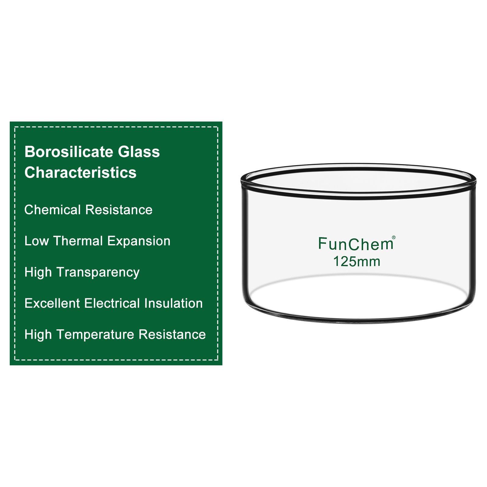FunChem Kristallisierschale Aus Borosilikatglas Ohne Ausguss für Verdampfung Und Kristallisation, Außendurchmesser 125 Mm, 500 ml Laborkristallisator mit Flachem Boden