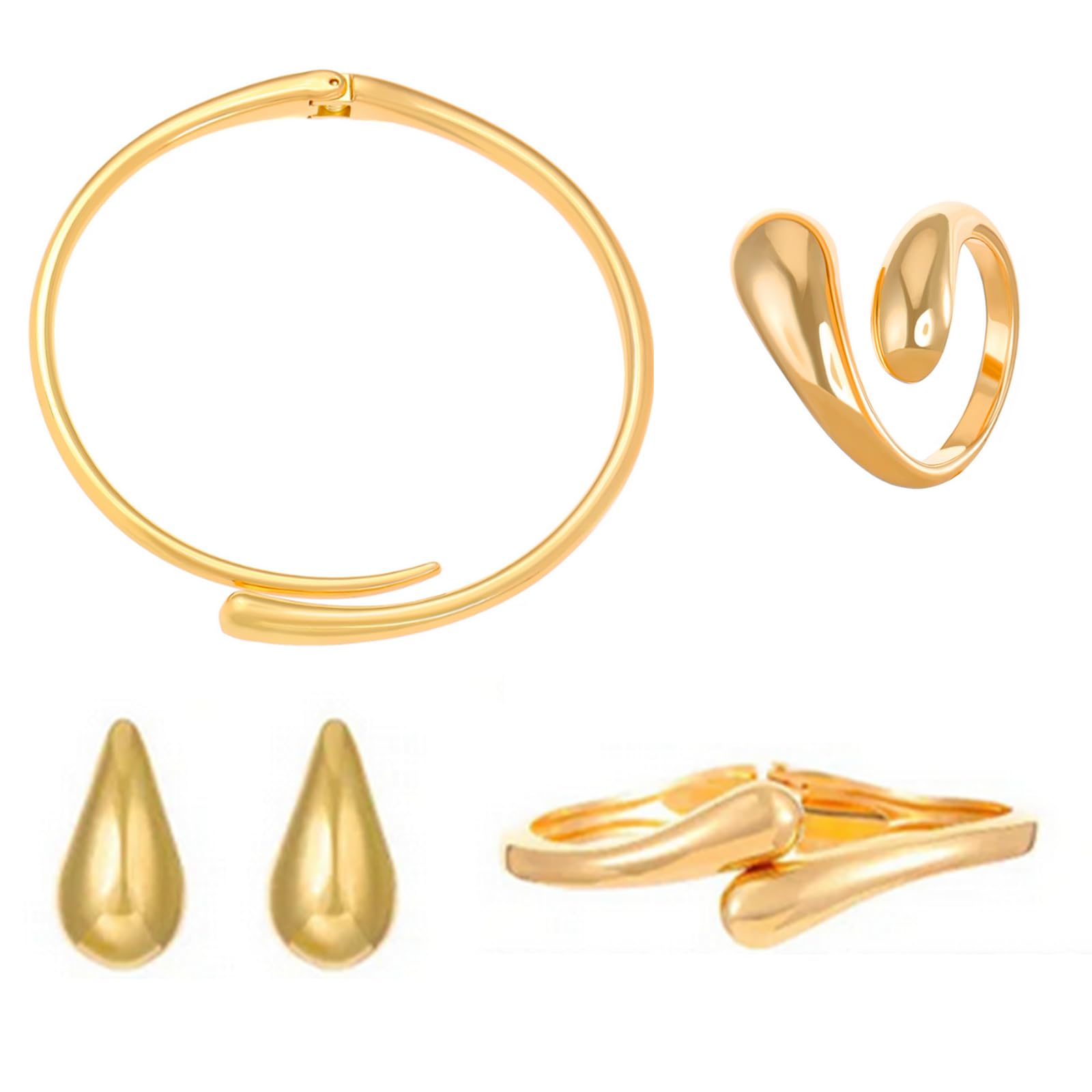 CANRNYACBZ Women's Jewelry Sets 14K Gold Plated Thick Teardrop Necklace Earrings Bracelet and Ring Water Drop Jewelry Sets Adjustable Fashion Jewelry Gifts for Ladies for Special Occasions