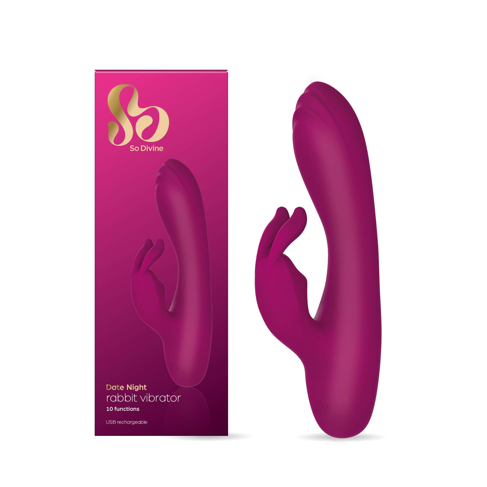 So Divine Date Night Rabbit Vibrator, Silicone, Pink and Purple, Rechargeable, 10 Functions, Waterproof, 7 Inches