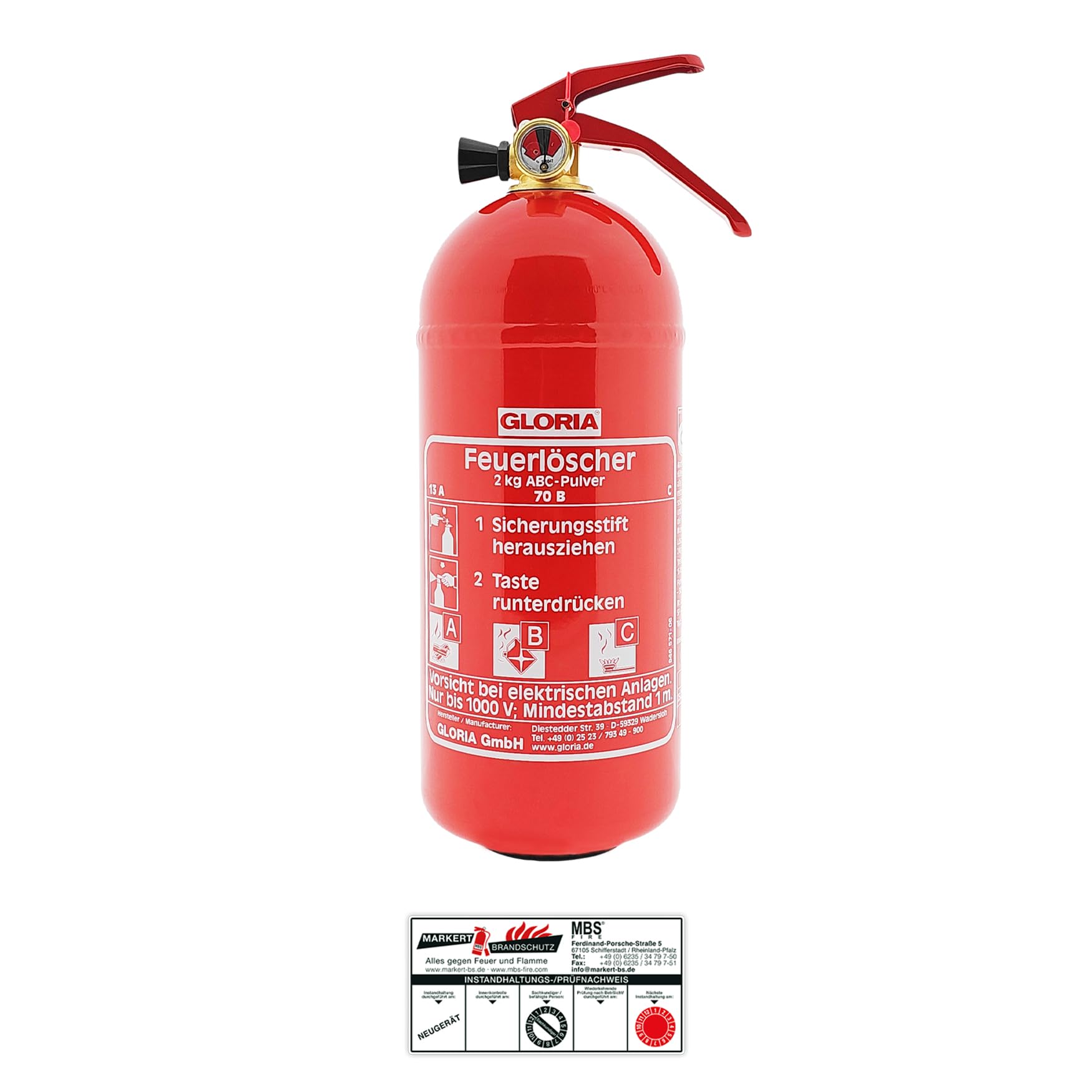 Gloria PD2GAM Extincteur à poudre avec manomètre 2 kg Classe d'incendie : A, B, C Contenu : 1 pièce