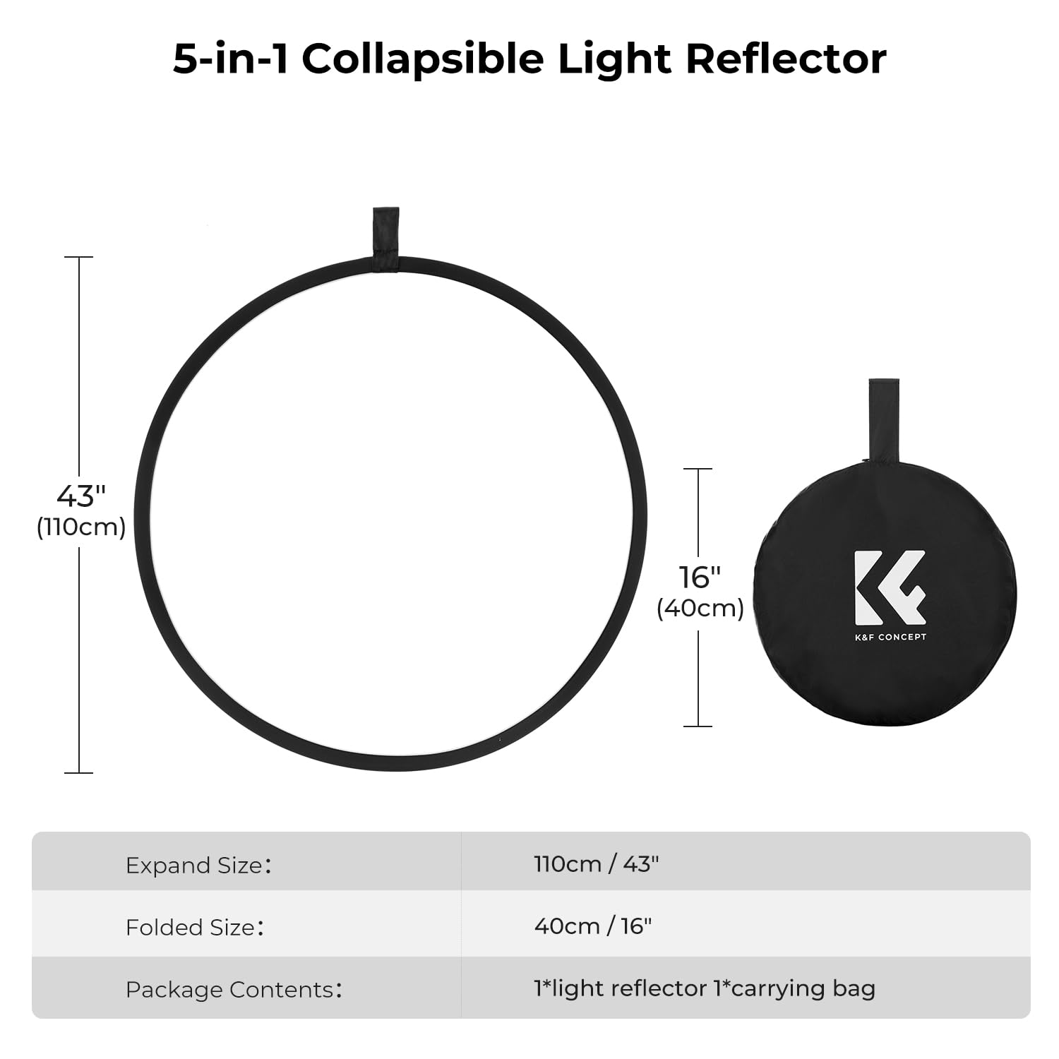 K&F CONCEPT Zestaw do fotografii 5 w 1, składany reflektor z torbą do przechowywania (110 cm), przezroczysty, srebrny, złoty, biały i czarny, okrągłe reflektory do fotografii