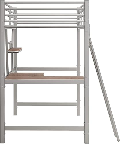 Miniatura 5 de Anwick Cama tipo loft de metal individual con escritorio y estante, resistente, ahorro de espacio, barandilla de seguridad, no necesita somier