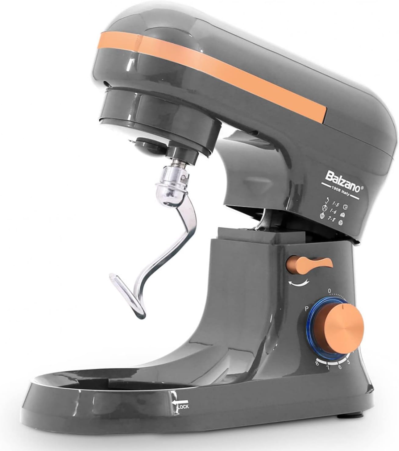 Balzano SM-1510N Stand Mixer with dough hook attachment.