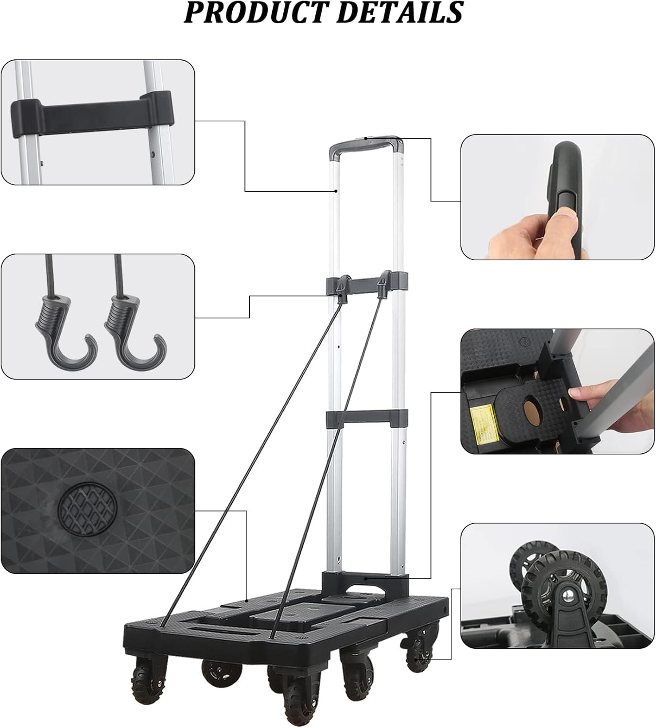 LIDTOP Folding Hand Truck with 7 Wheels Heavy Duty Dolly Foldable Utility Cart Adjustable Handle with 2 Brake for Luggage, Travel, Shopping, Office