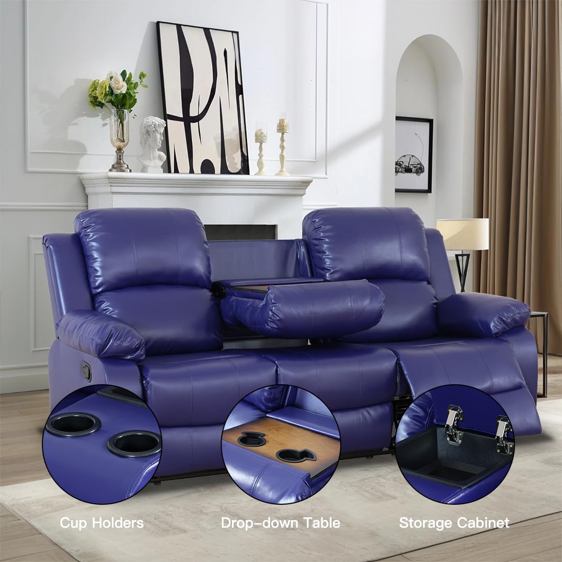 Toseslo Living Room Furniture Set, Manual Reclining Sofa Set, Blue Leather Recliner Couch Sets with Drop-Down Table, Recliner Sofa with Storage Console/Cup Holder for Living Room/Apartment view 3