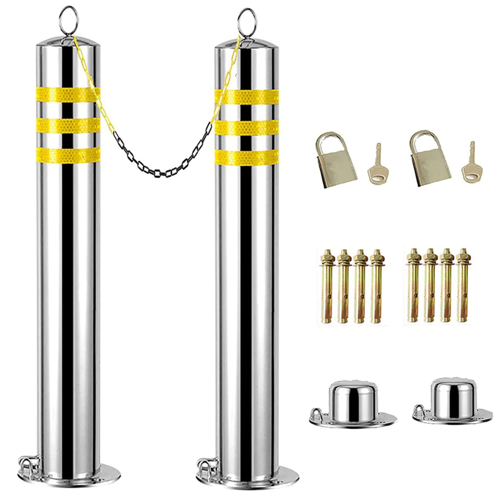 DUANHOZ Parking Posts For Driveways,2Pcs Parking Bollards, Parking Restriction Barrier Posts Car Parking Prevention Bollard Posts with Reflective Strips, for Warning/Crowd Contro