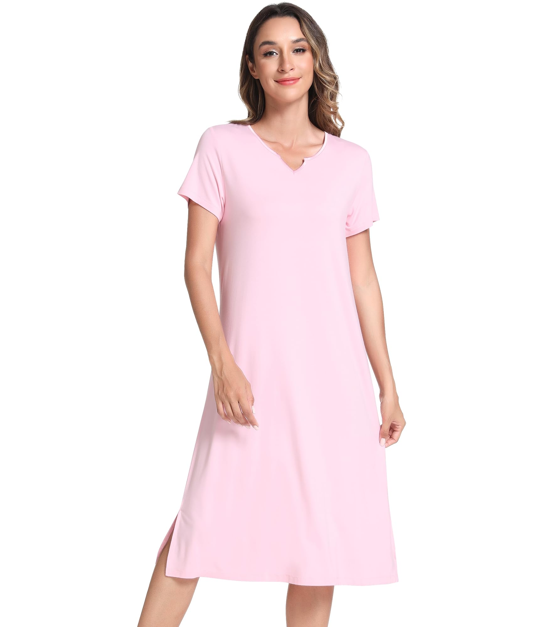 NACHILA Bamboo Viscose Nightgowns for Women Short Sleeve V Neck Sleepwear | Below the Knee Nightgowns, Tagless V-Neck Sleepshirt, Comfortable Short Sleeves, Side Slits Design, Relaxed Loose Fit