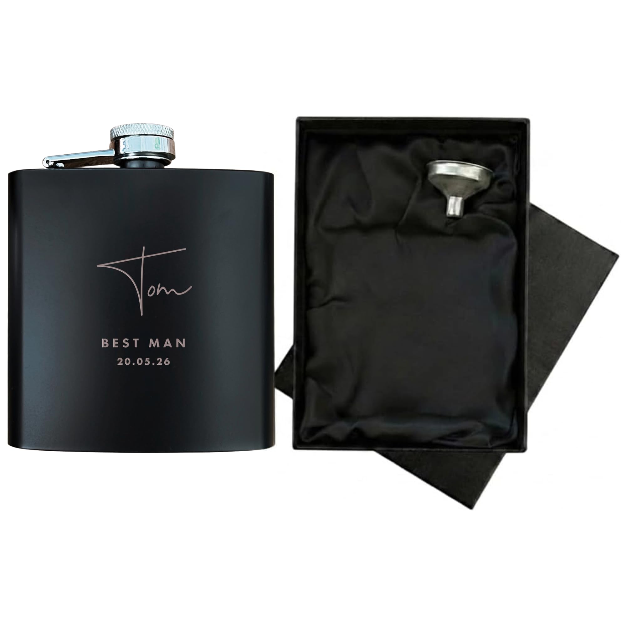 Personalised Script Text 6oz Black Hip Flask Gift Set | Includes Luxury Silk Lined Box & Filling Funnel | Custom Engraved Matte Black Flask | Birthday & Wedding Groomsmen Gift | Best Man Keepsake