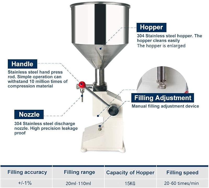 SUSEMSE Kézi Folyadéktöltő Gép 5-50ml - Rozsdamentes Acél Palacktöltő Víz, Olaj és Paszta Adagolásához - A03 Modell - A03 5-50ml, Stainless Steel