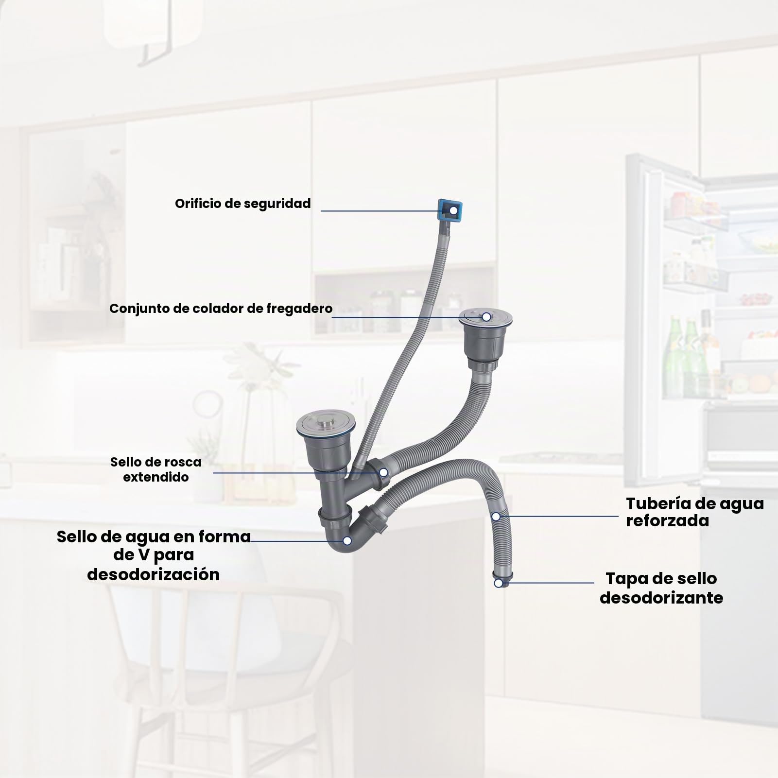 Kit Desague de Tubería Doble para Fregadero Universal, Taza Interior de Acero Inoxidable, Sifon Doble Fregadero de Escurridor Adecuado para El Hogar, Cocina, Drenaje Rápido