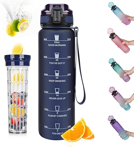 Miniatura 7 de Opard Botella de agua deportiva de 32 onzas con marcador de tiempo motivacional para beber, Tritan reutilizable sin BPA con filtro para gimnasio y