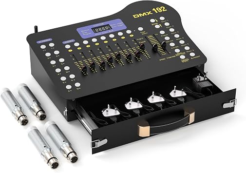 DMX Controller, 192 Channel DMX512 Controller with Drawer, Wireless DMX 4 Receivers/Transmitter, Suitable for Simultaneously Controlling 4 Lights, Party, Moving Head, Halloween