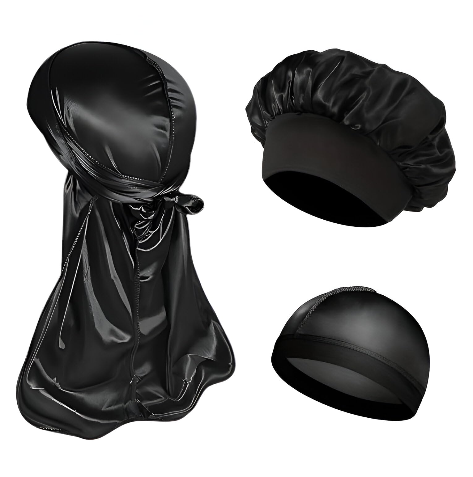 Durag Satin Premium Nero Set z 2 Cuffie – Onde, Trecce, Locs, Dreads Uomo Donna Turbante Anti-Rottura