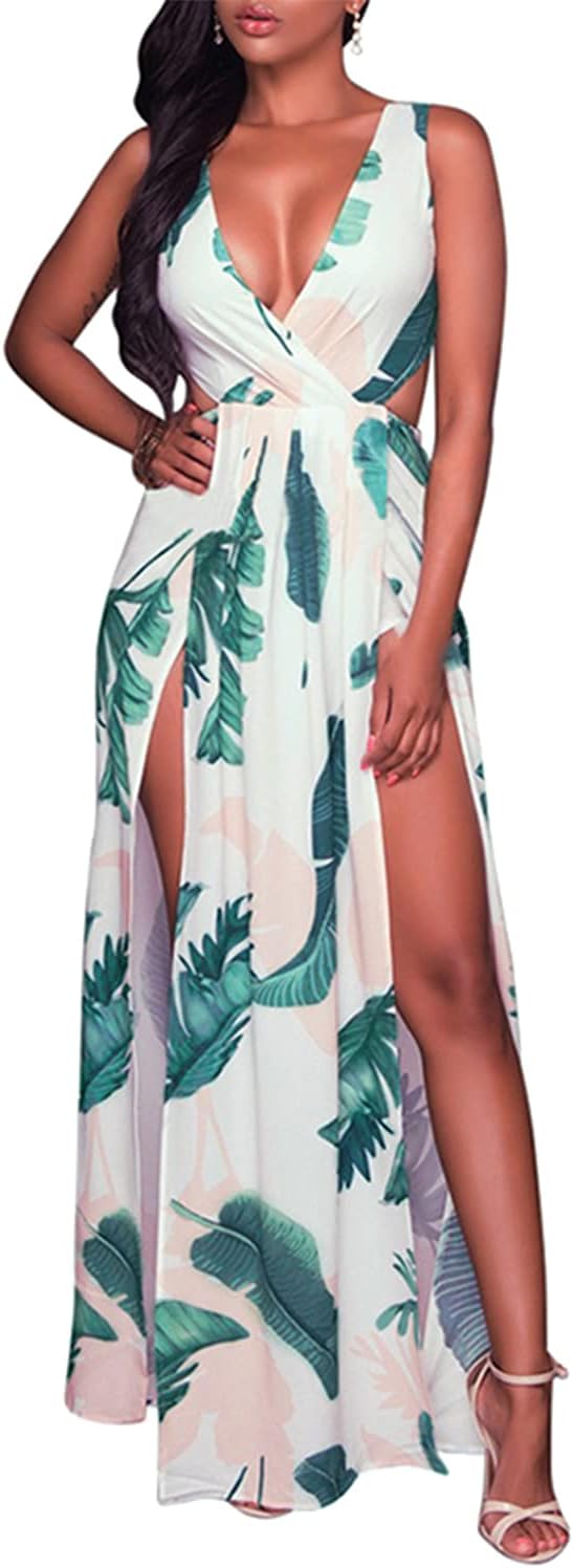 Meenew Women's Floral Summer Maxi Flowy Dress High Slit Boho Long Vacation Dress