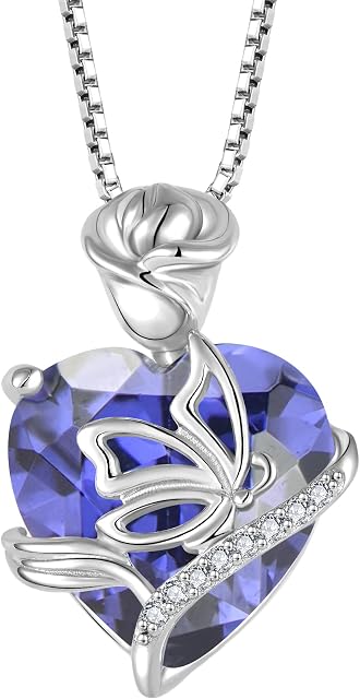 FJ Birthstone Necklace for Women 925 Sterling Silver Butterfly Pendant Rose Flower Necklace Jewellery Gifts for Women Mom Wife Girls Her