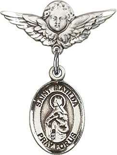 Sterling Silver Baby Badge with St. Matilda Charm and Angel w/Wings Badge Pin 7/8 X 3/4 inches