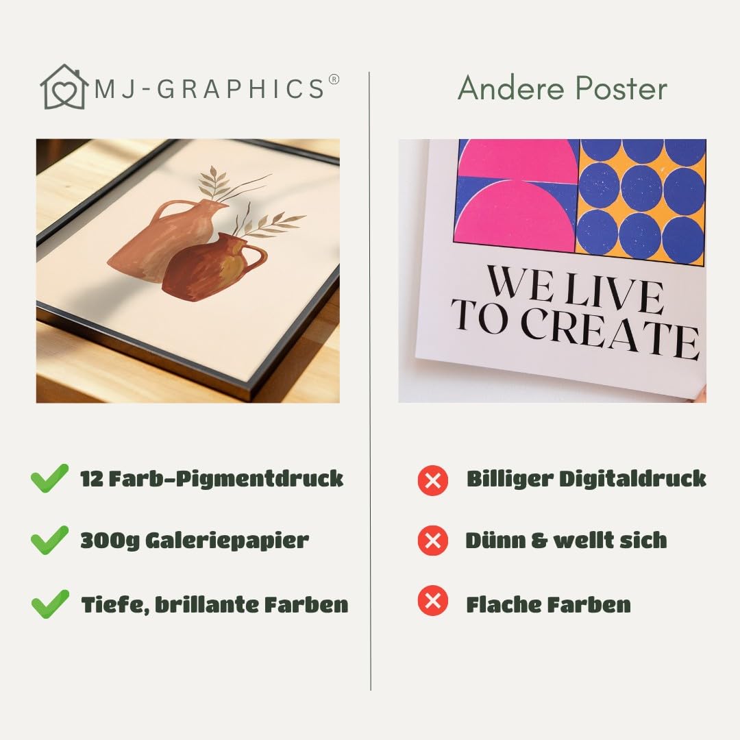 MJ-GRAPHICS® Poster Krüge Kunstdruck Blätter Wandbild minimalistisch Braun Beige Wohnzimmer Deko elegantes Kunstwerk harmonische Atmosphäre ideale Ergänzung A2 mit beigem Rahmen