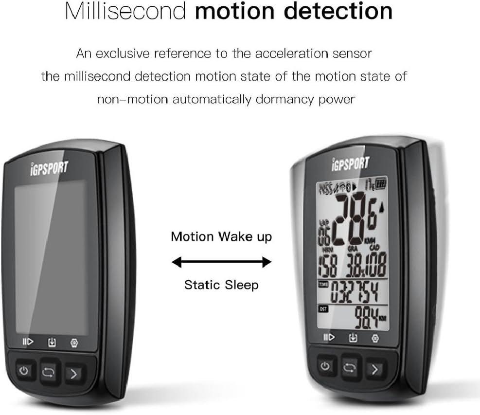 Two iGPSPORT GPS Bike Computers, one with a blank screen indicating static sleep, and another with a lit screen displaying data, indicating motion wake-up.