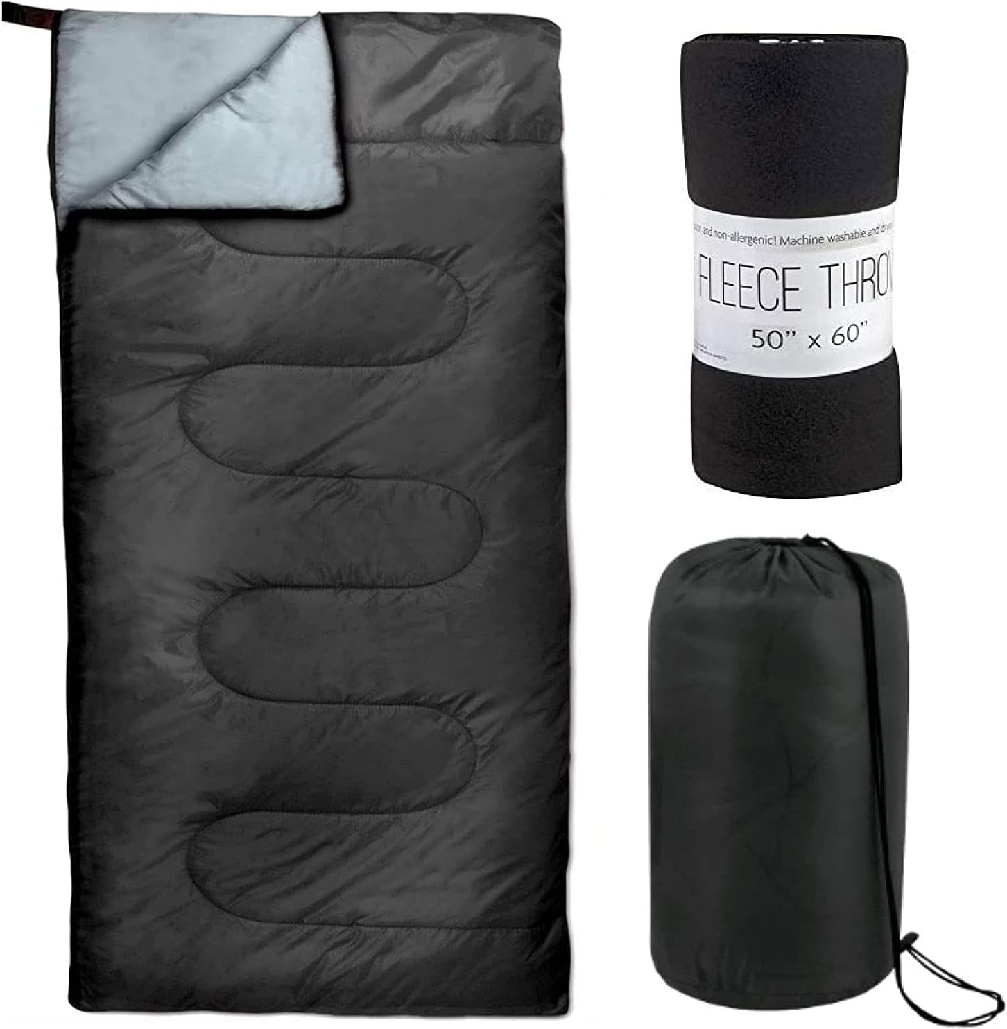 Black Sleeping Bag and Blanket Set, All Weather Sleeping Bag with Hypoallergenic 50x60 Fleece Blanket Throw